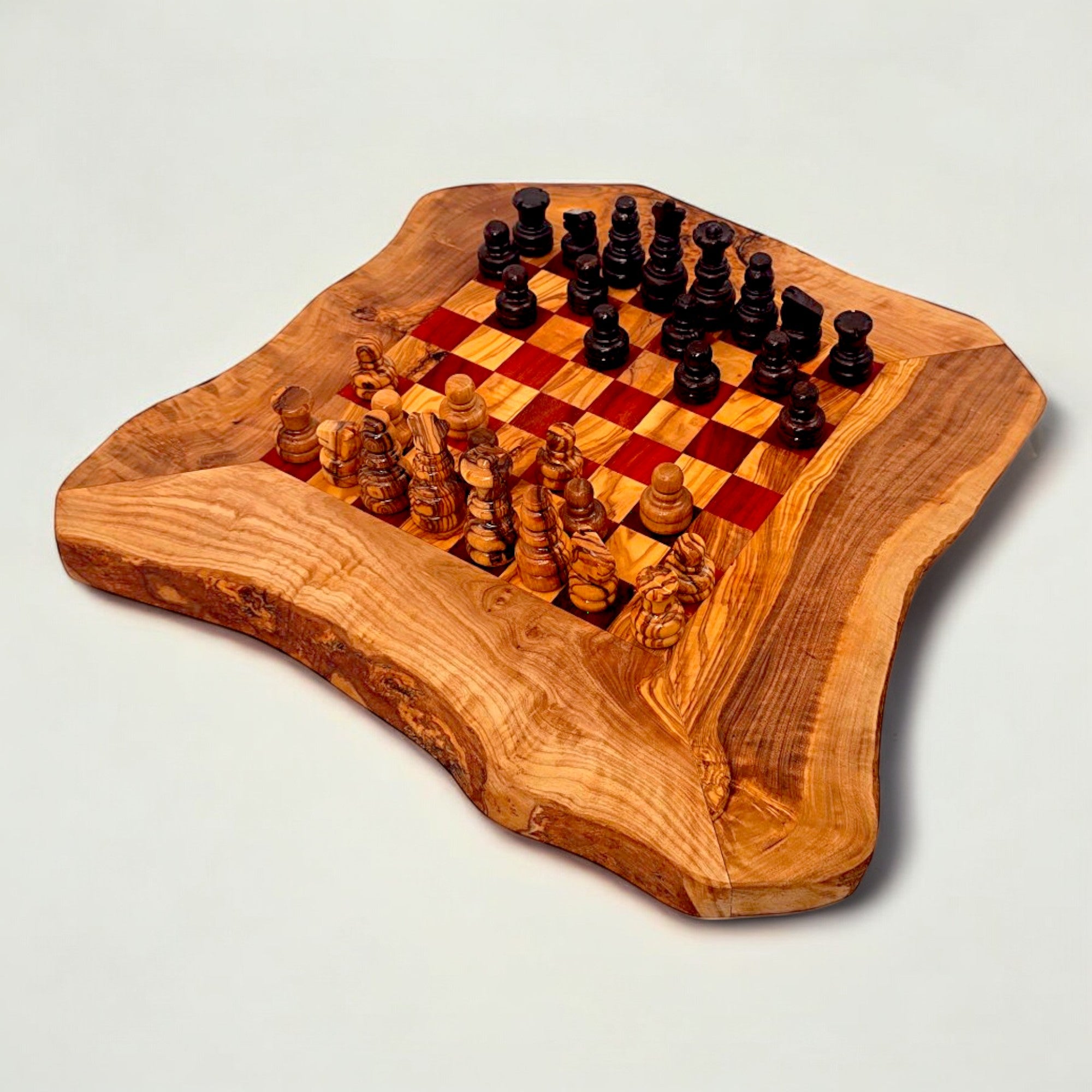 Handcrafted Olive Wood Chess Set | Red or Black Playing Area | Live Edge Board