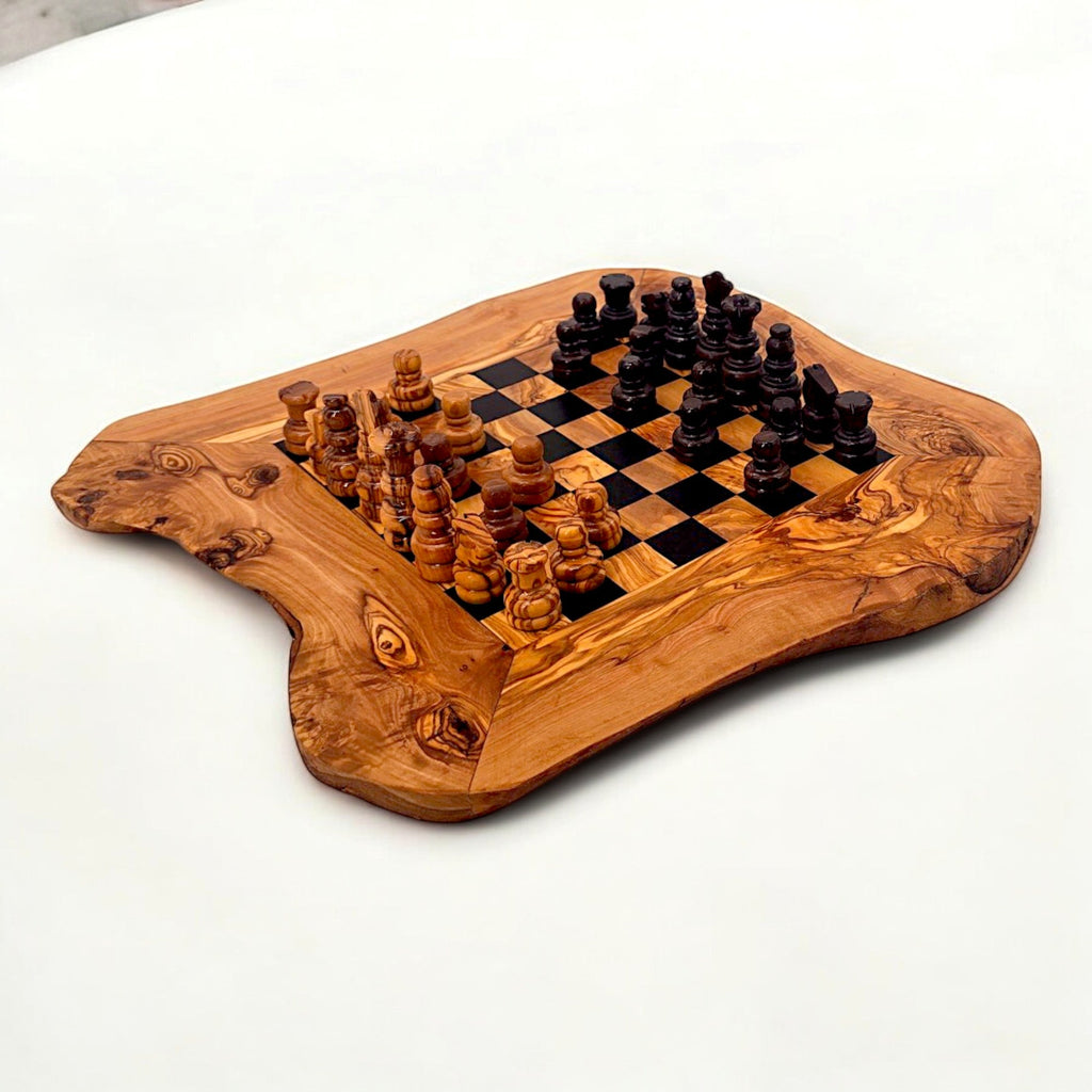 Handcrafted Olive Wood Chess Set | Red or Black Playing Area | Live Edge Board