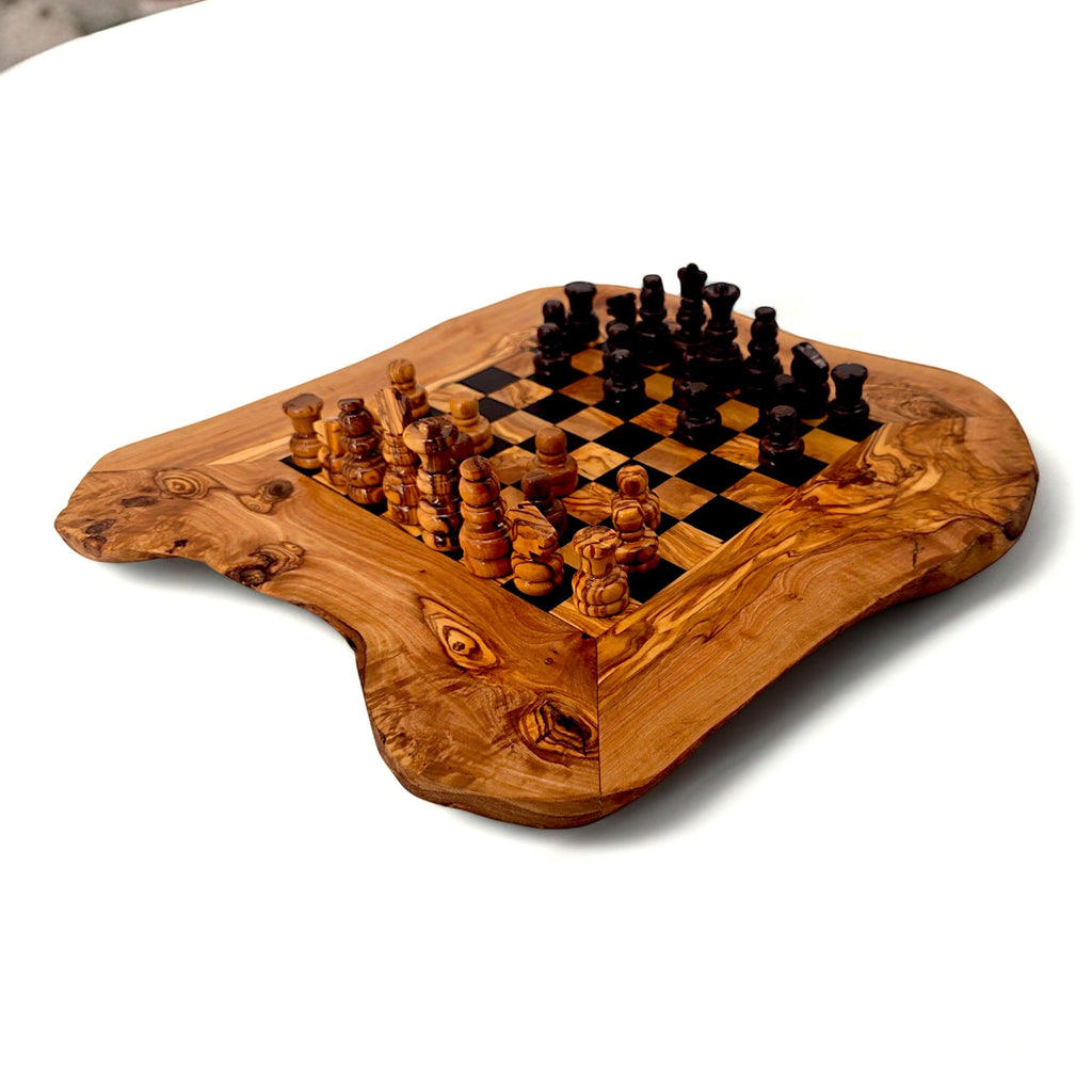 Handcrafted Olive Wood Chess Set | Red or Black Playing Area | Live Edge Board