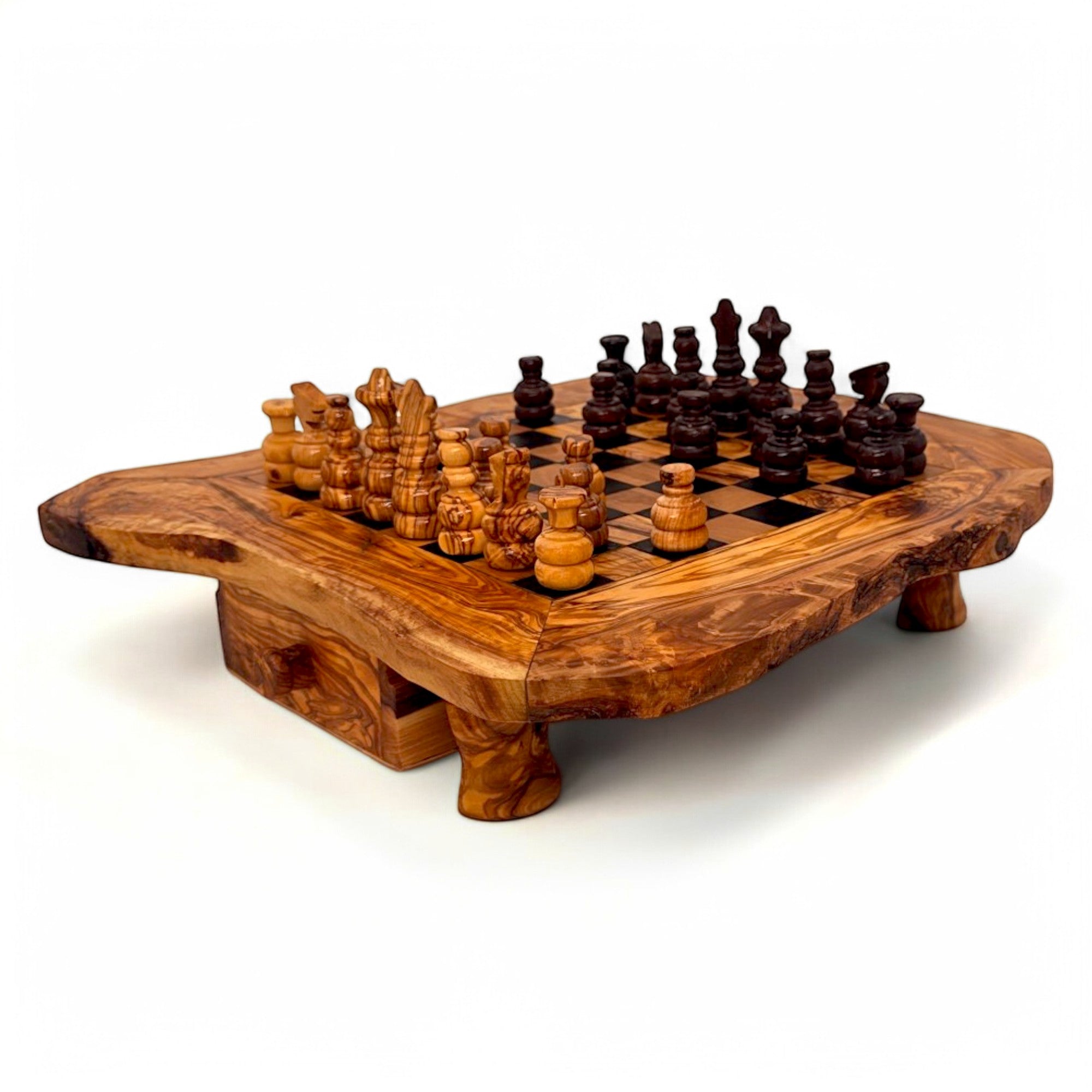 Handcrafted Olive Wood Chess Set with Drawer | Live Edge Red or Black Board