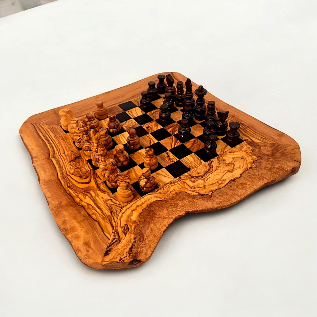 Handcrafted Olive Wood Chess Set | Red or Black Playing Area | Live Edge Board