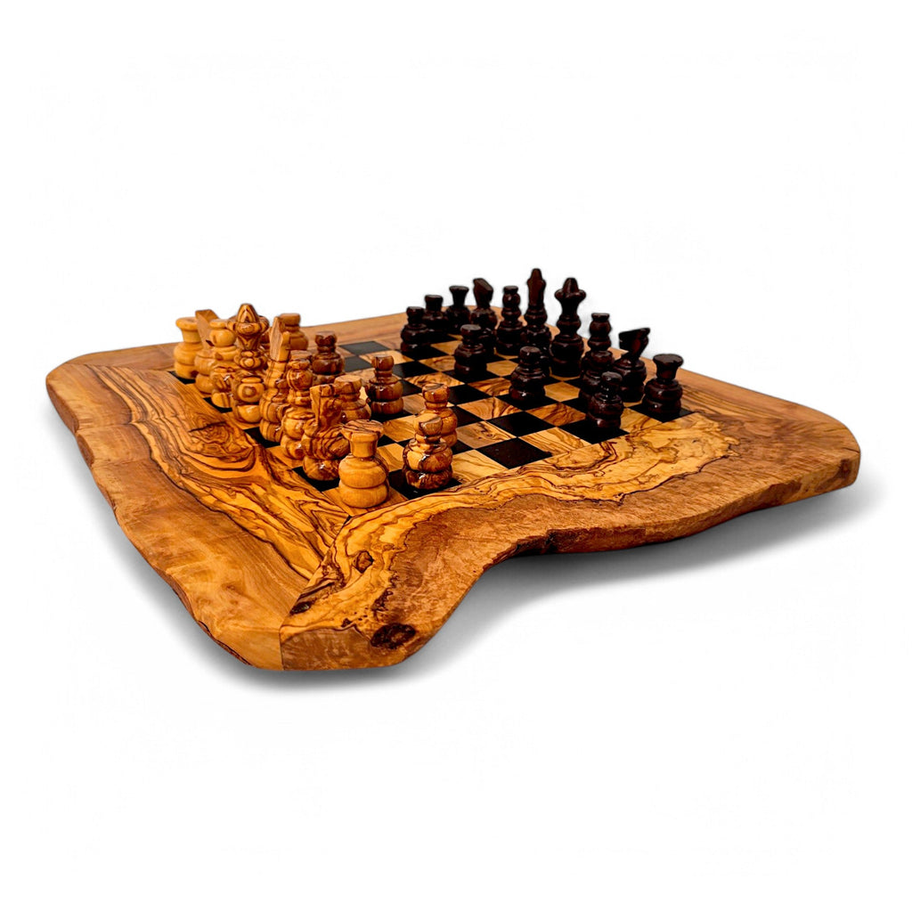 Handcrafted Olive Wood Chess Set | Red or Black Playing Area | Live Edge Board