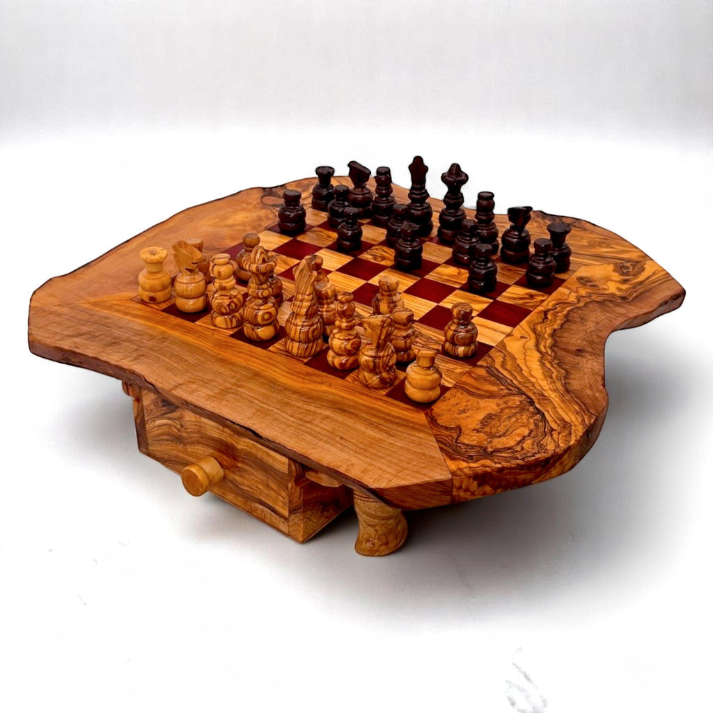 Handcrafted Olive Wood Chess Set with Drawer | Live Edge Red or Black Board