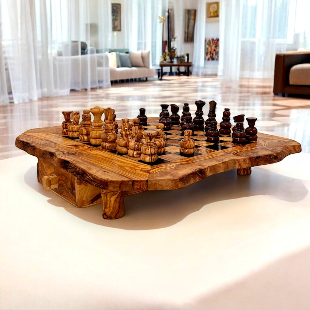 Handcrafted Olive Wood Chess Set with Drawer | Live Edge Red or Black Board