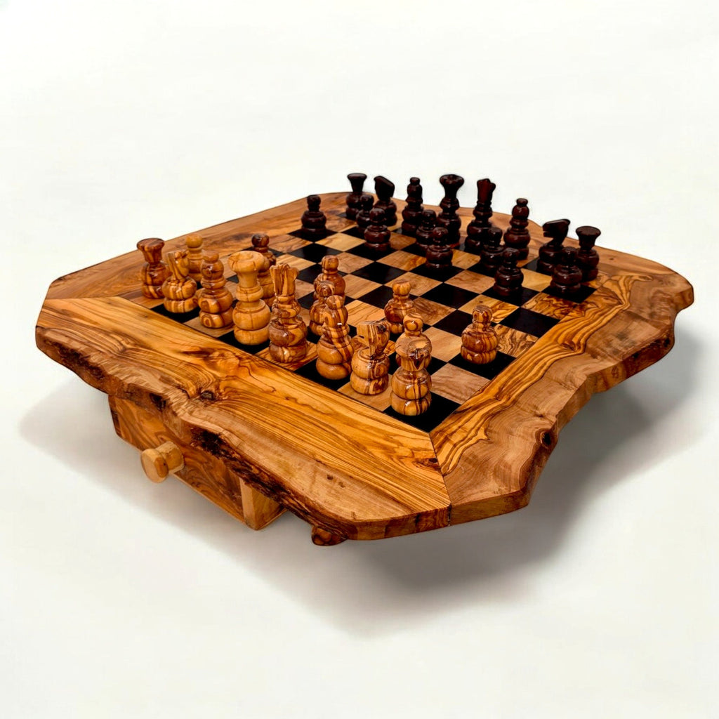 Handcrafted Olive Wood Chess Set with Drawer | Live Edge Red or Black Board