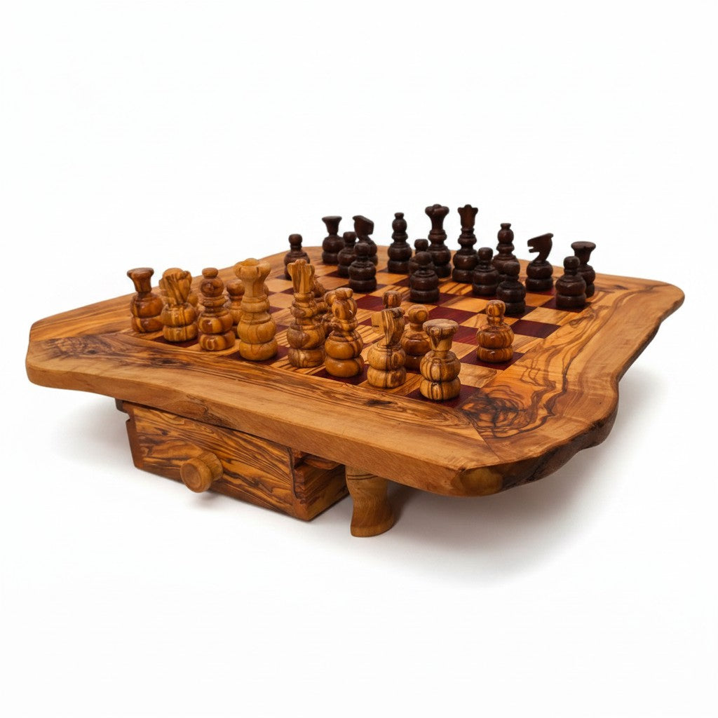 Handcrafted Olive Wood Chess Set with Drawer | Live Edge Red or Black Board