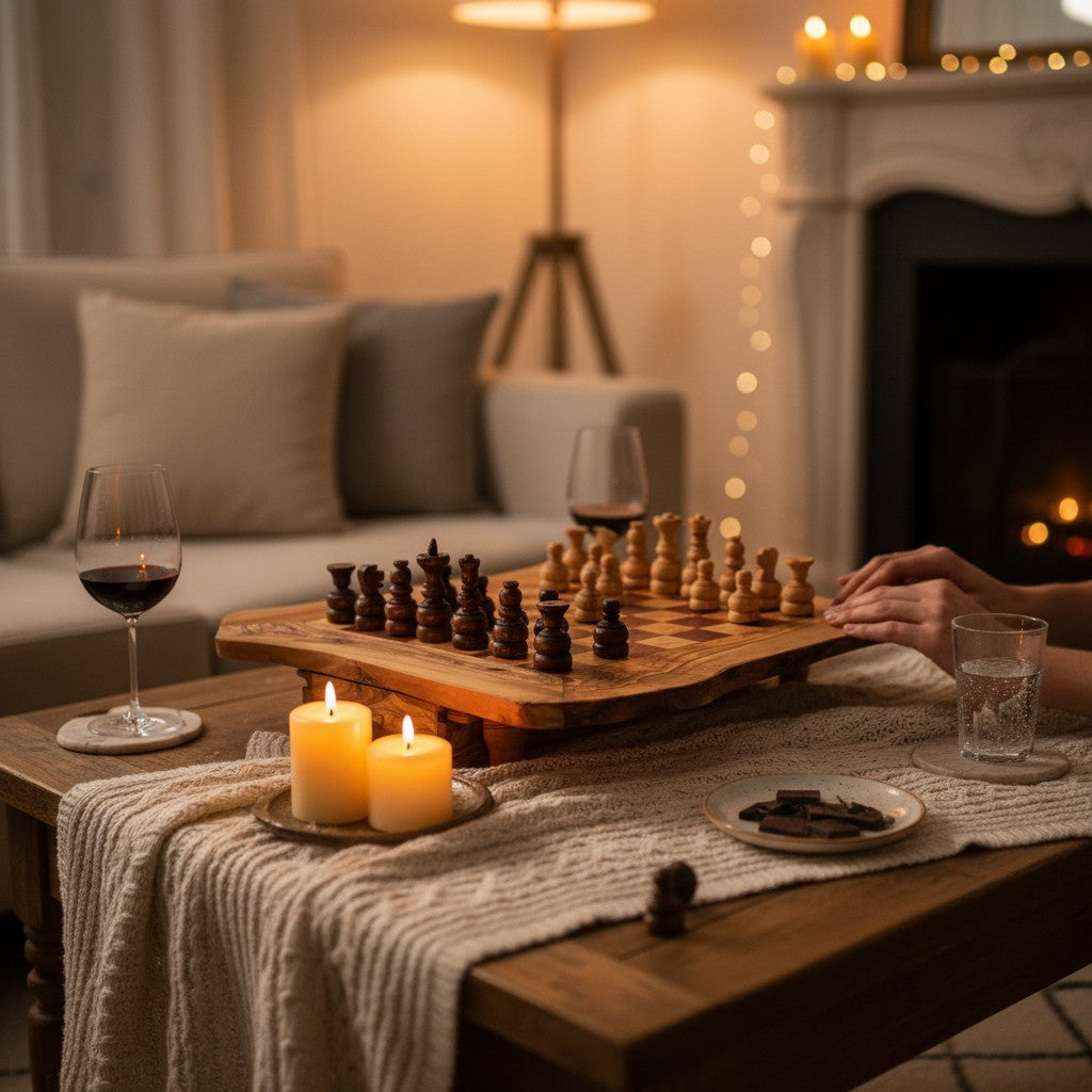 Handcrafted Olive Wood Chess Set with Drawer | Live Edge Red or Black Board