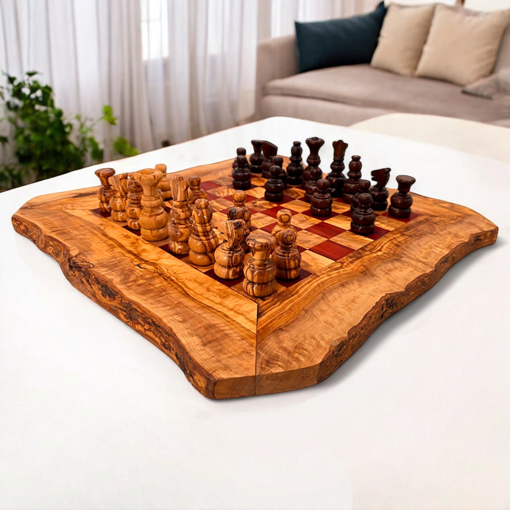 Handcrafted Olive Wood Chess Set | Red or Black Playing Area | Live Edge Board