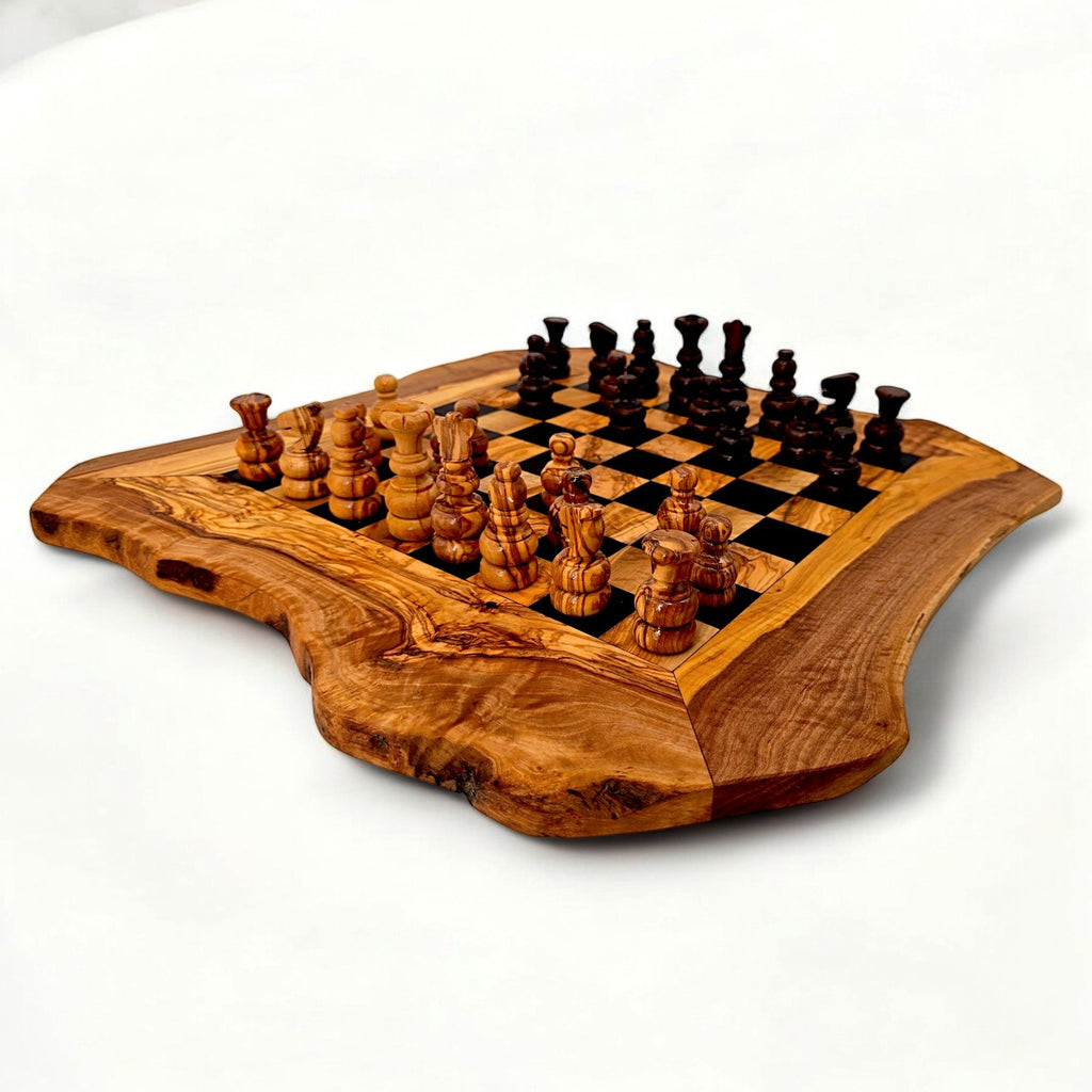 Handcrafted Olive Wood Chess Set | Red or Black Playing Area | Live Edge Board