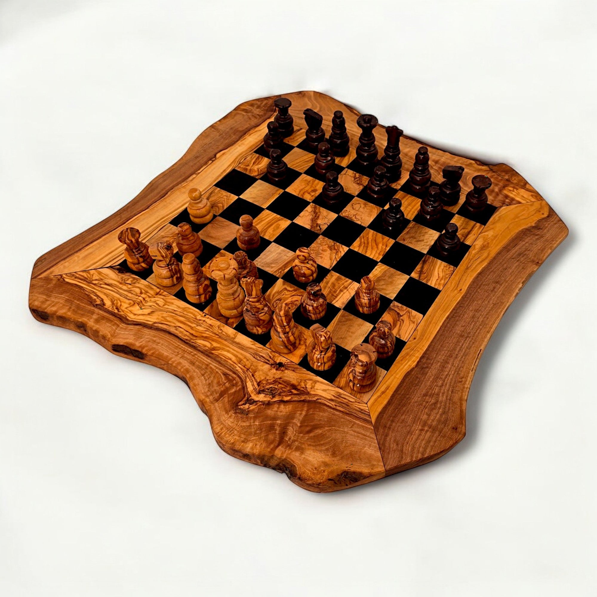 Handcrafted Olive Wood Chess Set | Red or Black Playing Area | Live Edge Board