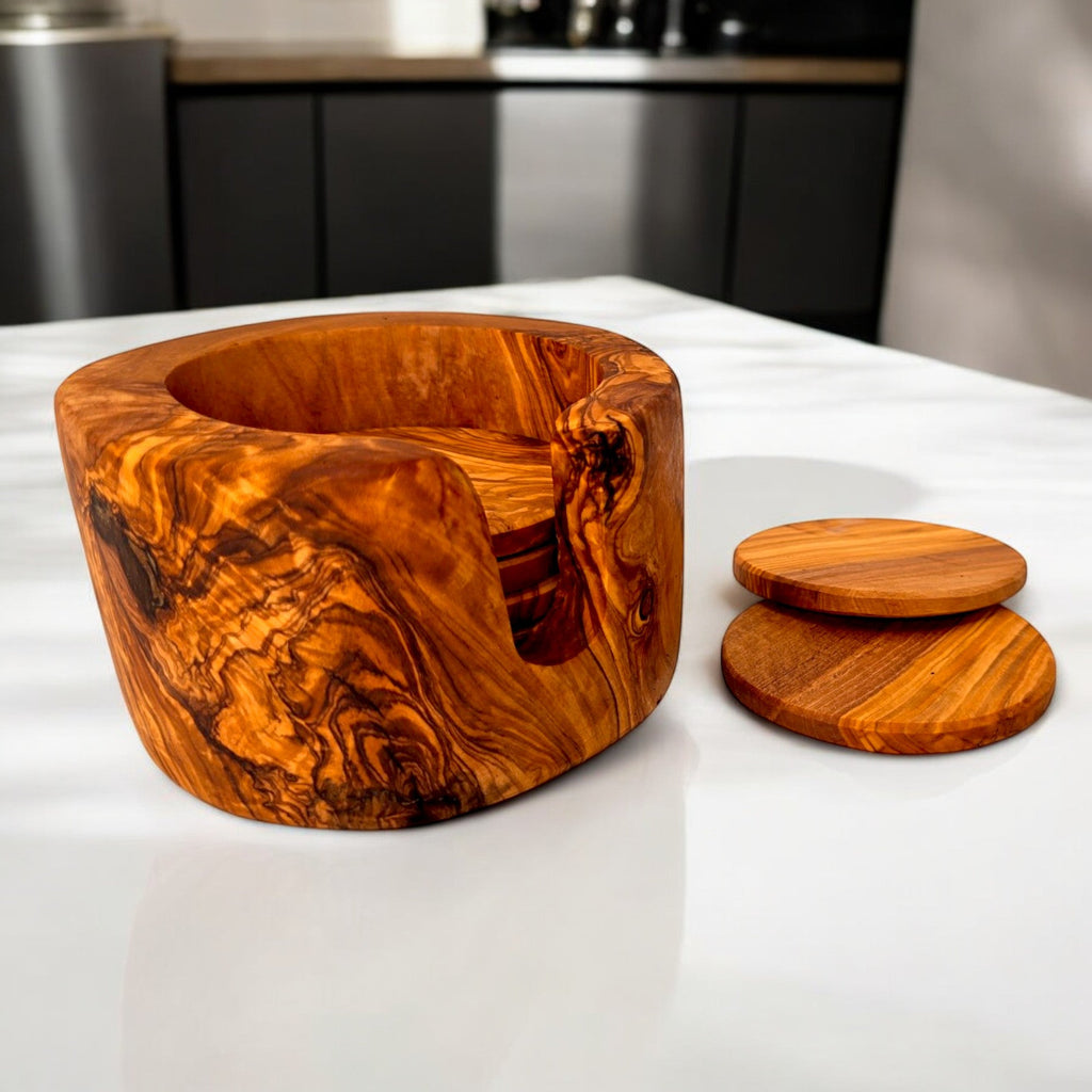 Olive Wood Coaster Set of 6 in Holder 12 cm