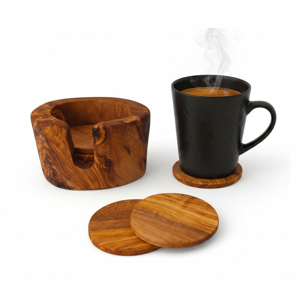 Olive Wood Coaster Set of 6 in Holder 12 cm