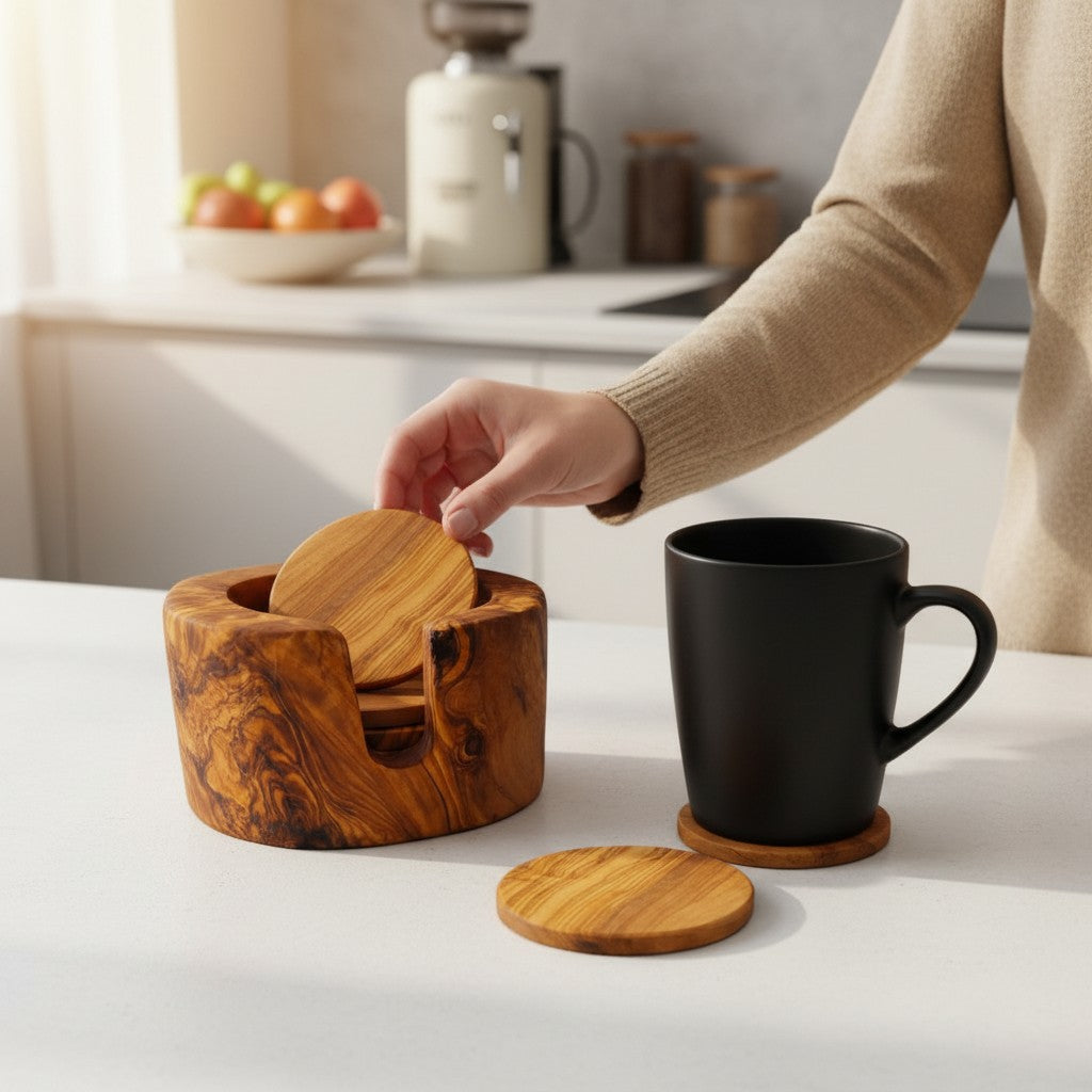 Olive Wood Coaster Set of 6 in Holder 12 cm