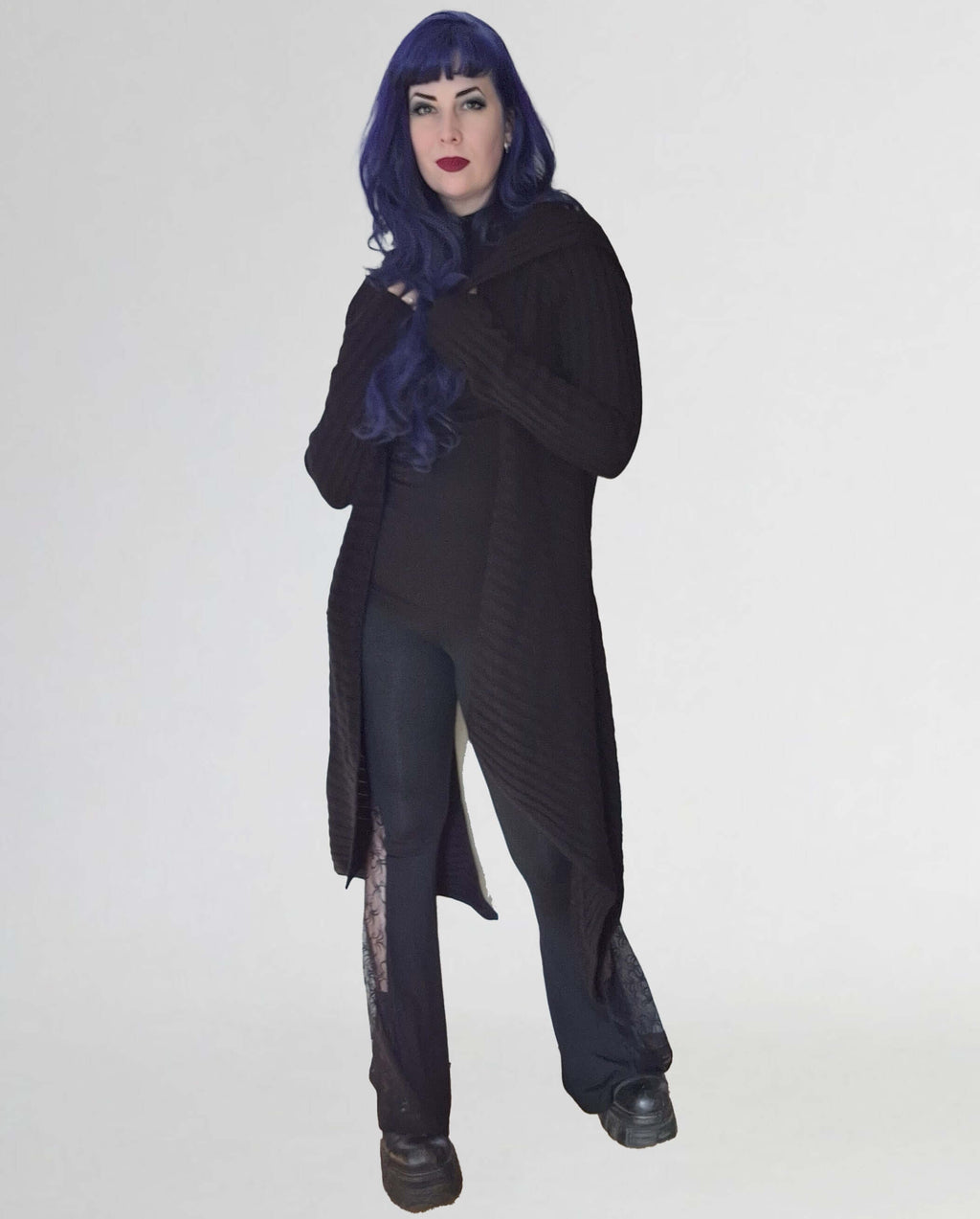 Necessary Evil Sabrina Ribbed Hooded Cardigan – Black Draped Gothic Wrap