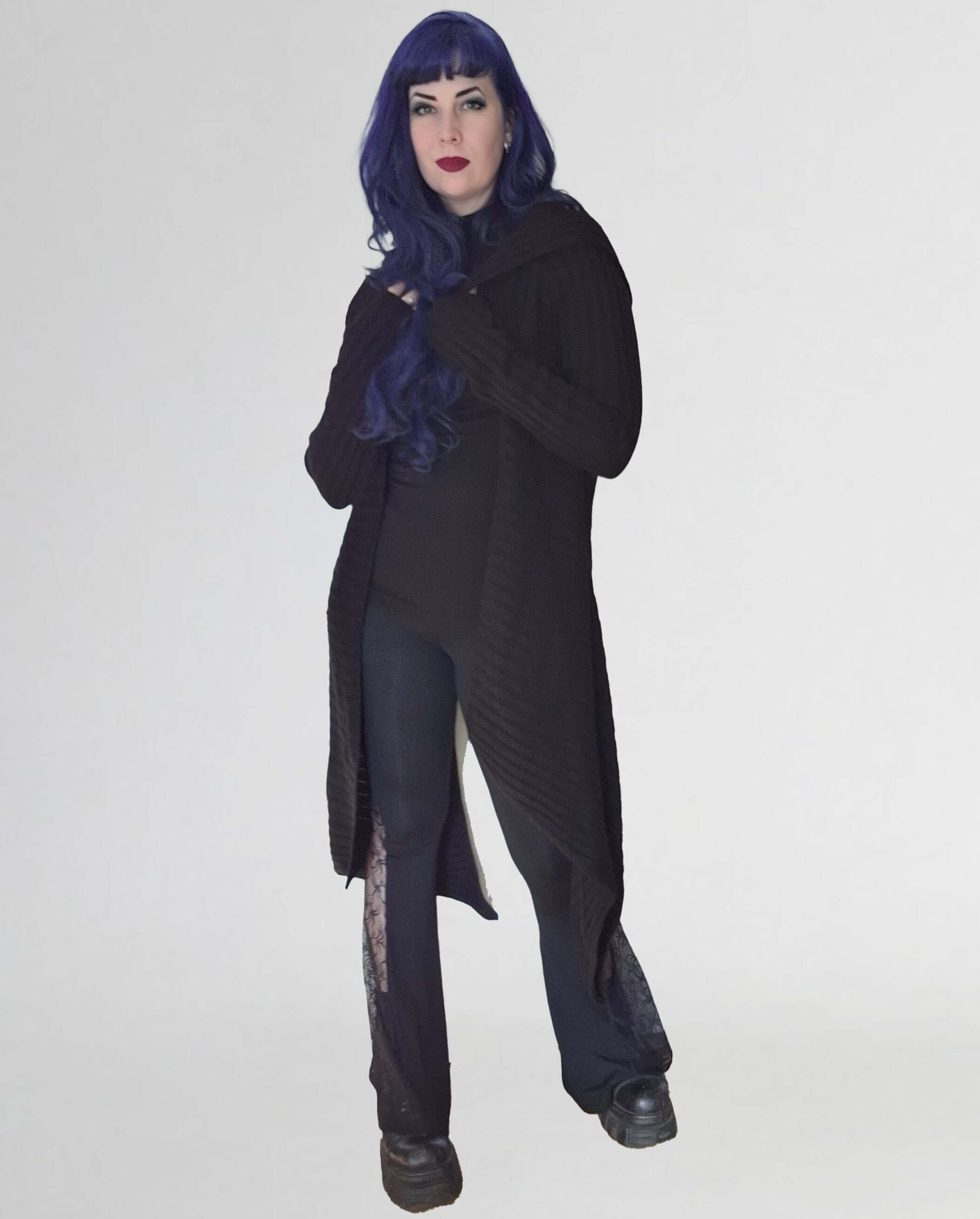 Necessary Evil Sabrina Ribbed Hooded Cardigan – Black Draped Gothic Wrap