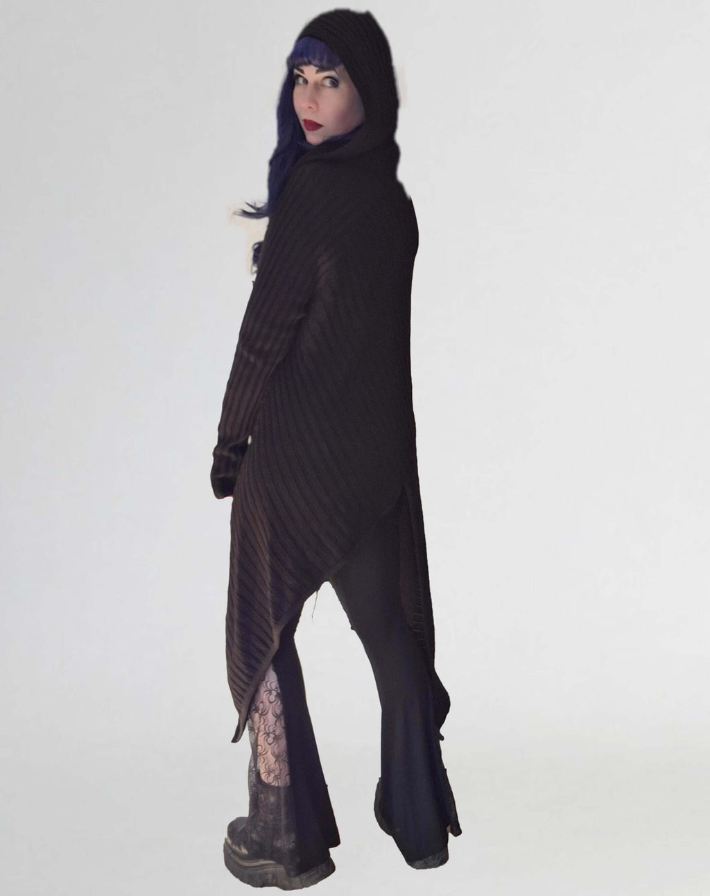 Necessary Evil Sabrina Ribbed Hooded Cardigan – Black Draped Gothic Wrap