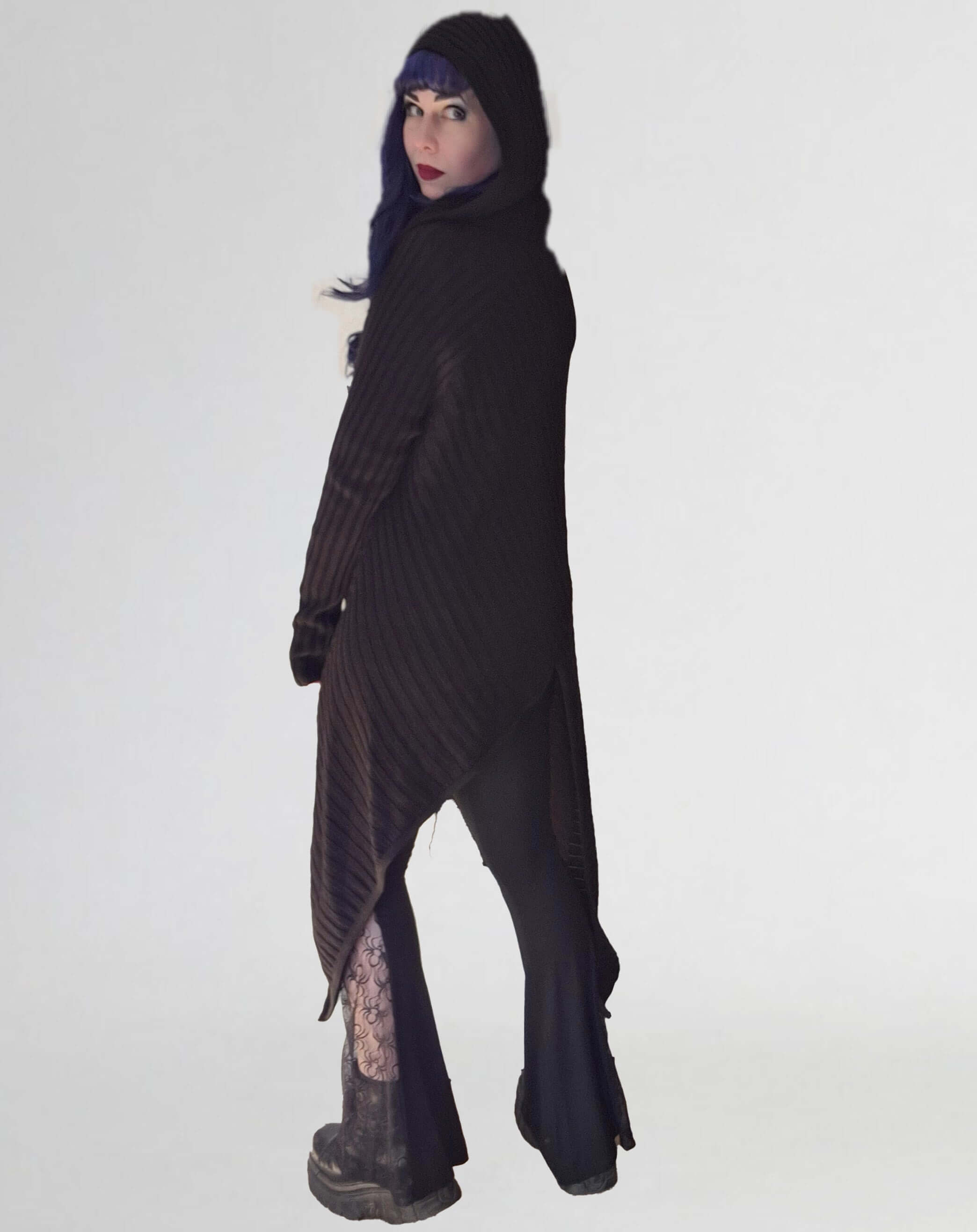 Necessary Evil Sabrina Ribbed Hooded Cardigan – Black Draped Gothic Wrap