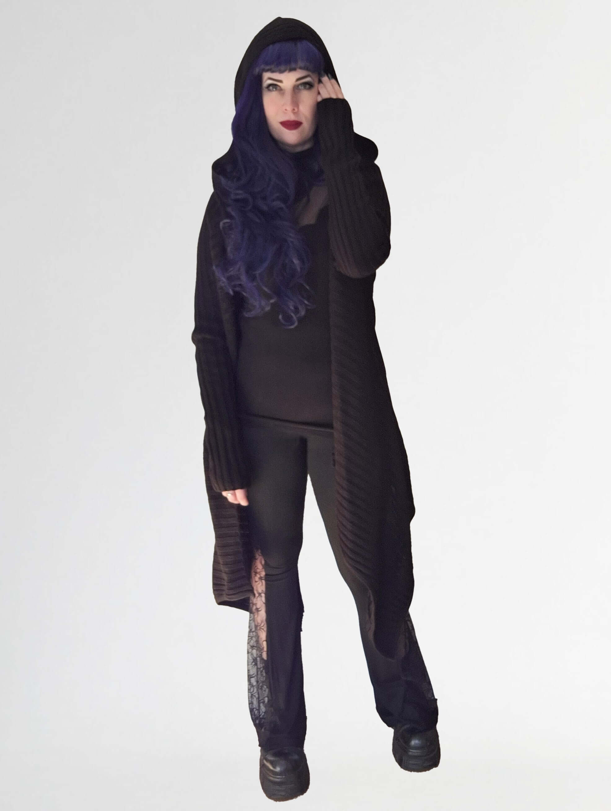 Necessary Evil Sabrina Ribbed Hooded Cardigan – Black Draped Gothic Wrap