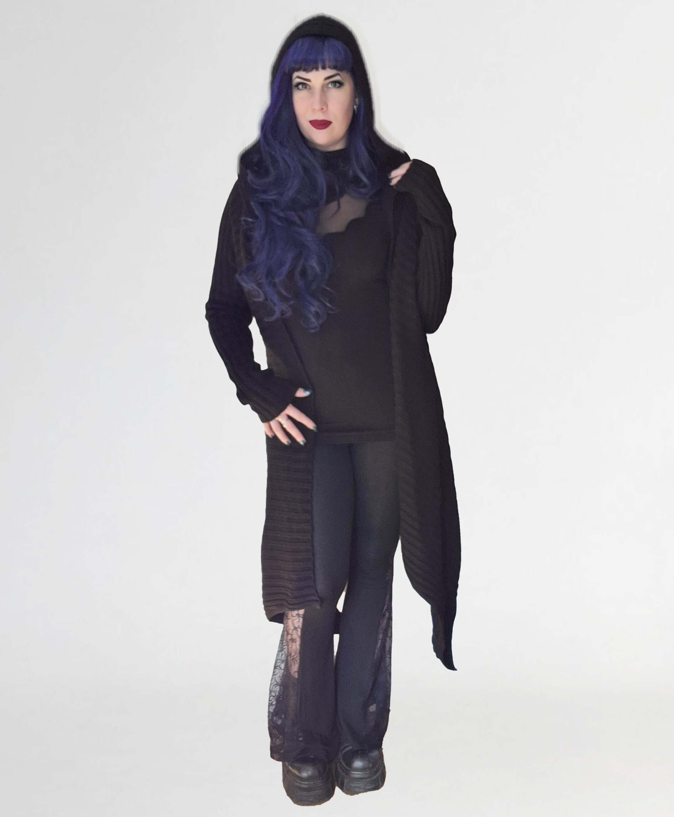 Necessary Evil Sabrina Ribbed Hooded Cardigan – Black Draped Gothic Wrap
