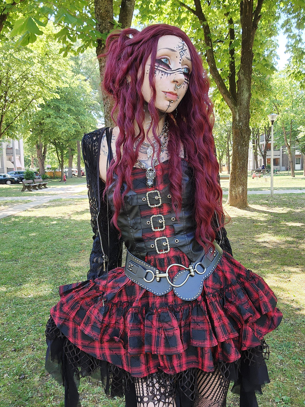 Dark in Love Red Plaid & Faux Leather Layered Punk Sweetcore Dress