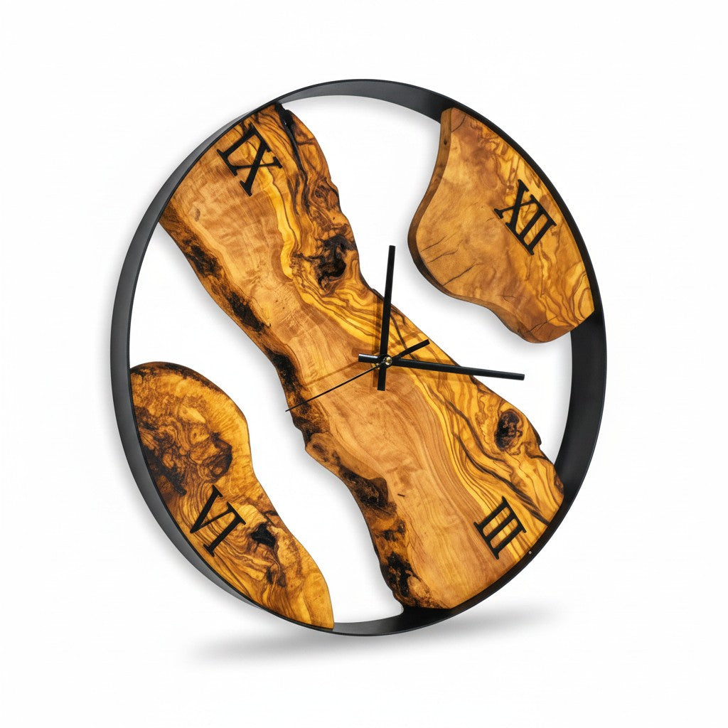 Olive Wood Wall Clock with metal Edge