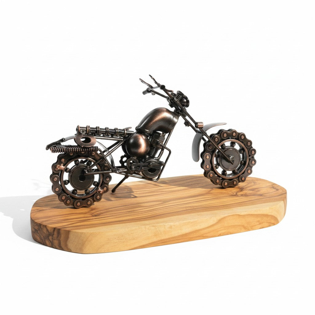 Metal Motorbike Ornament On Olive Wood Stand