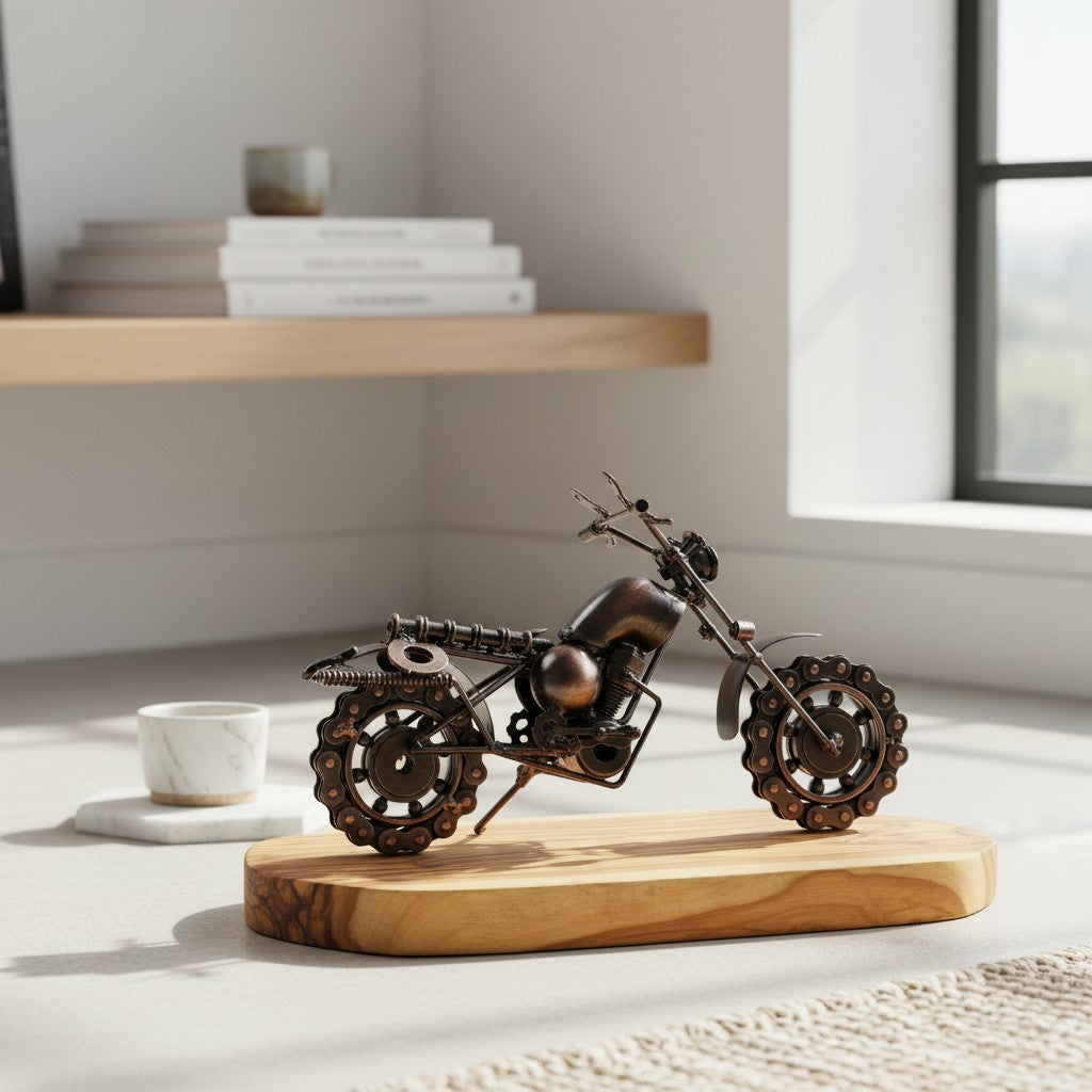 Metal Motorbike Ornament On Olive Wood Stand