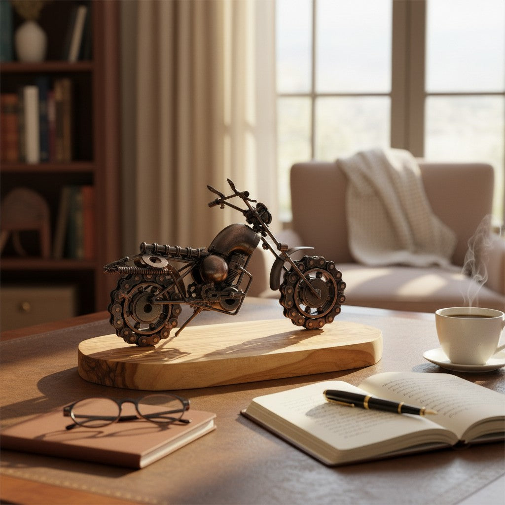 Metal Motorbike Ornament On Olive Wood Stand