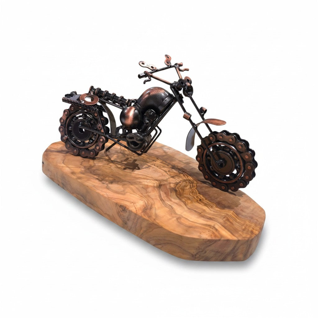 Metal Motorbike Ornament On Olive Wood Stand