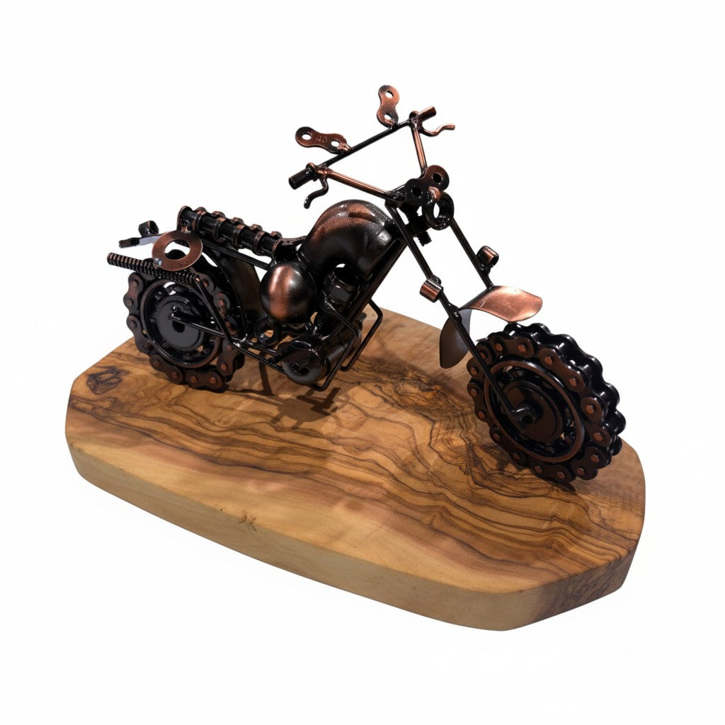 Metal Motorbike Ornament On Olive Wood Stand