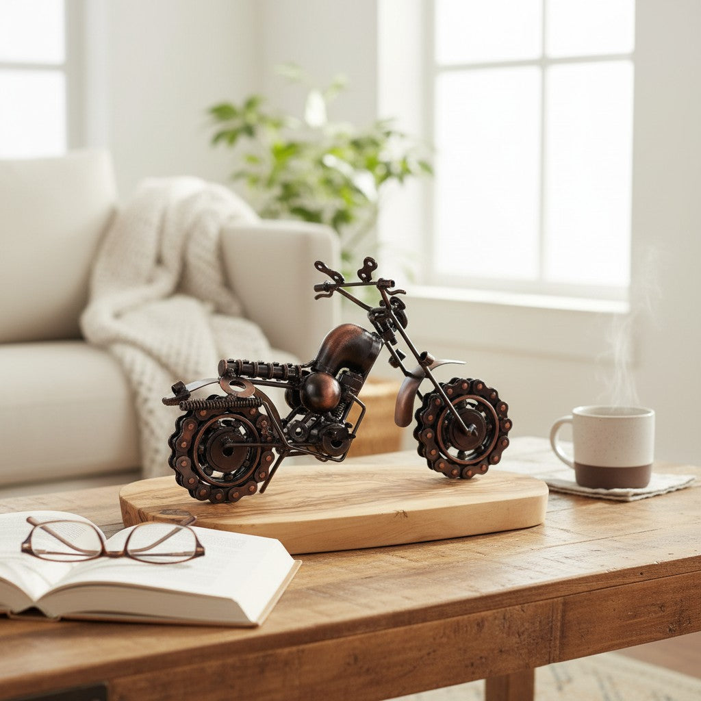 Metal Motorbike Ornament On Olive Wood Stand