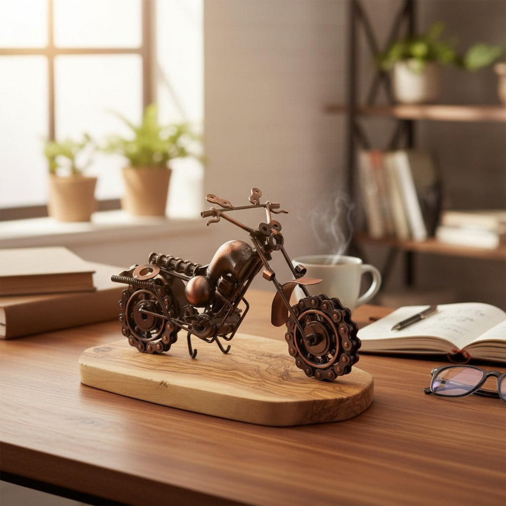 Metal Motorbike Ornament On Olive Wood Stand