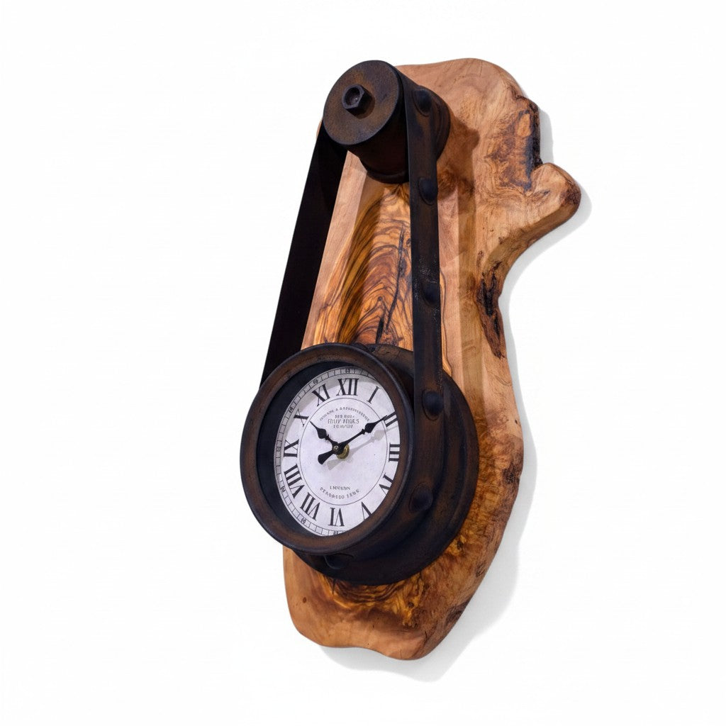 Olive Wood Rustic Round Wall Clock Roman Numeral Dial