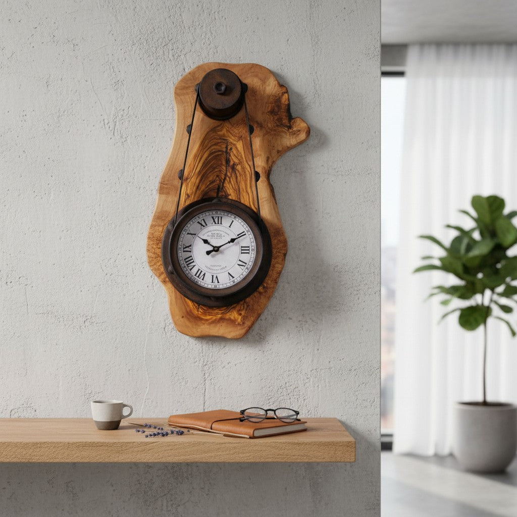 Olive Wood Rustic Round Wall Clock Roman Numeral Dial