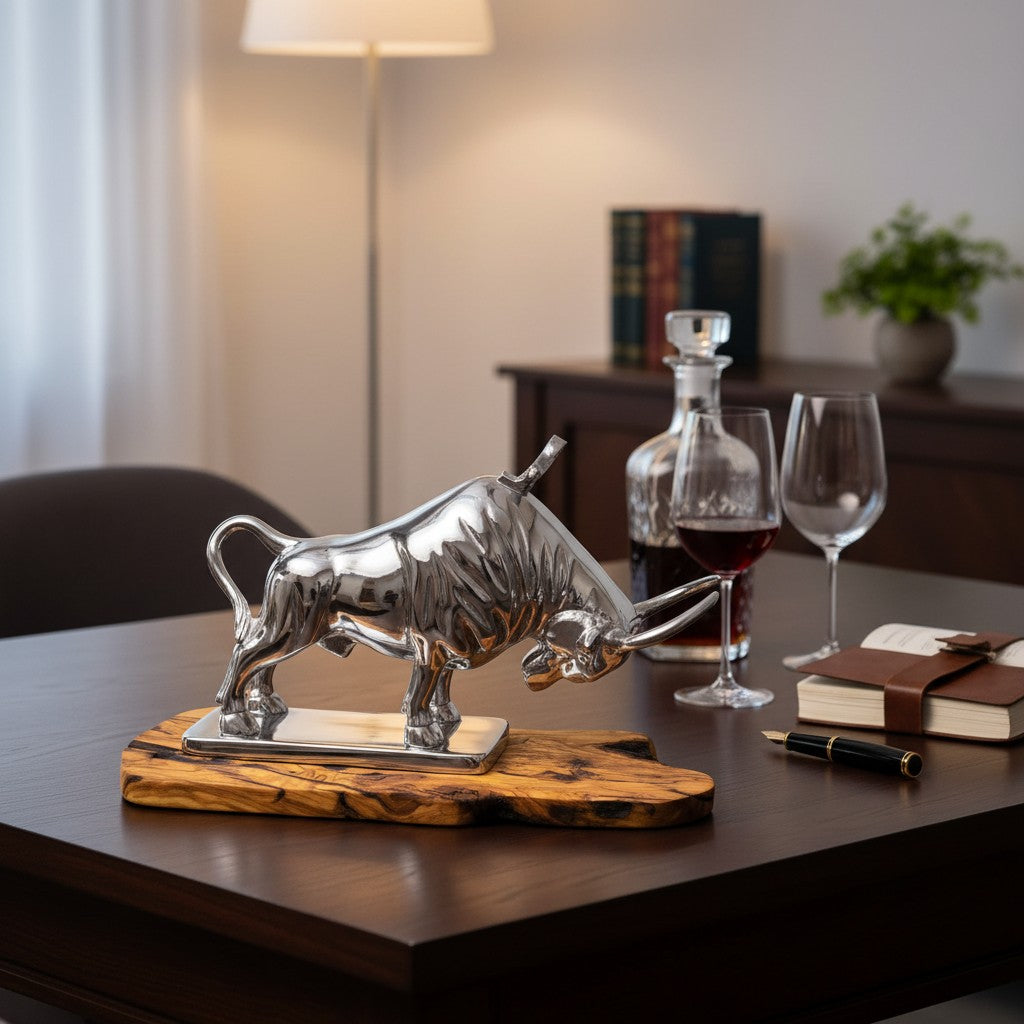Bull Bottle Holder With Handcrafted Olive Wood Base