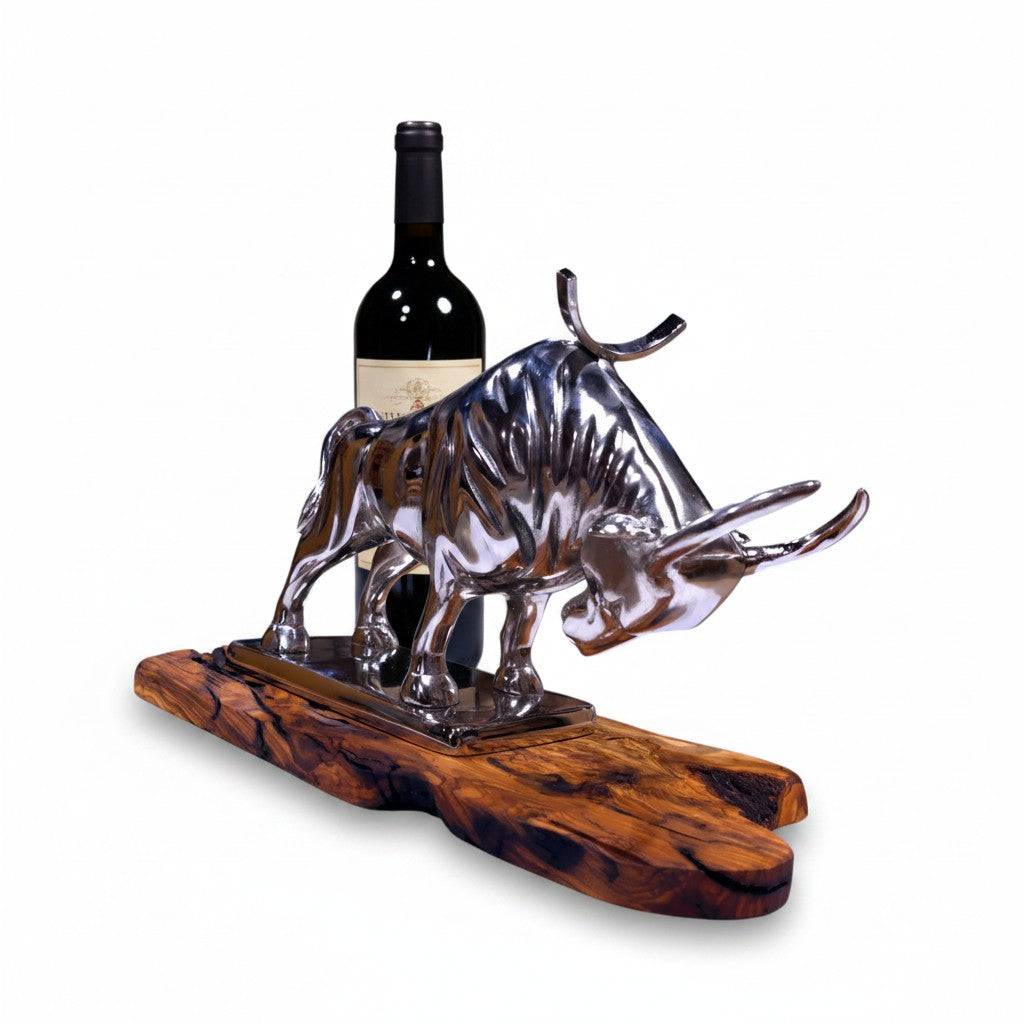 Bull Bottle Holder With Handcrafted Olive Wood Base