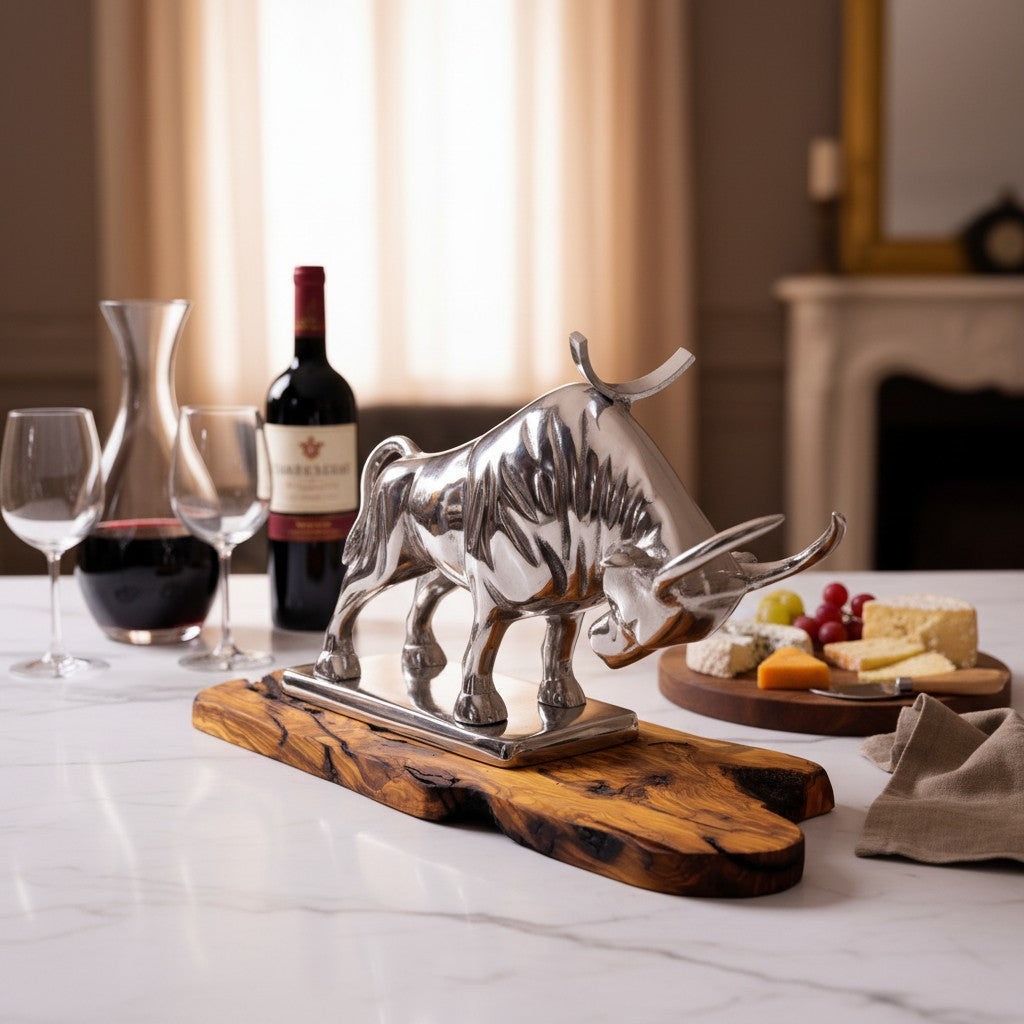 Bull Bottle Holder With Handcrafted Olive Wood Base