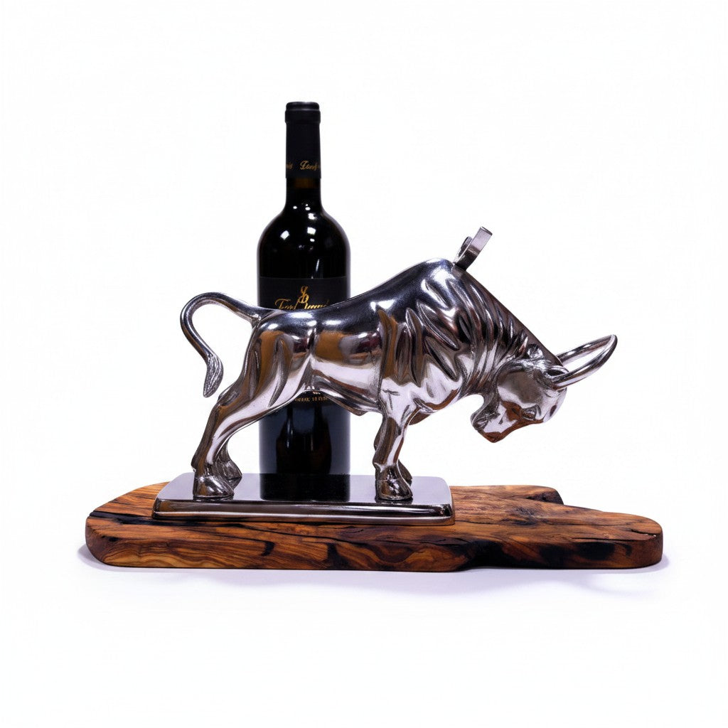 Bull Bottle Holder With Handcrafted Olive Wood Base