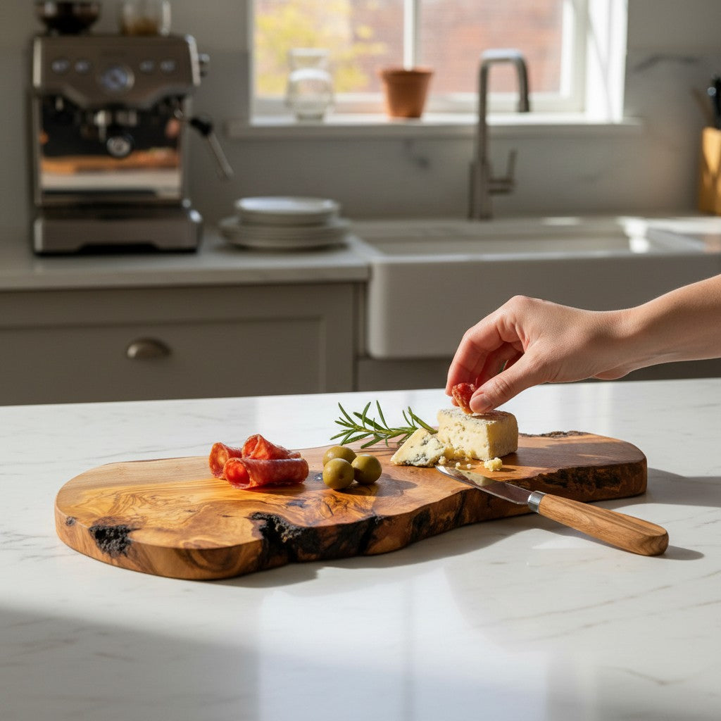 Large Handmade Olive Wood Freeform Serving Board | Extra Large Live Edge Charcuterie & Chopping Board | Unique Grain | 35–60 cm