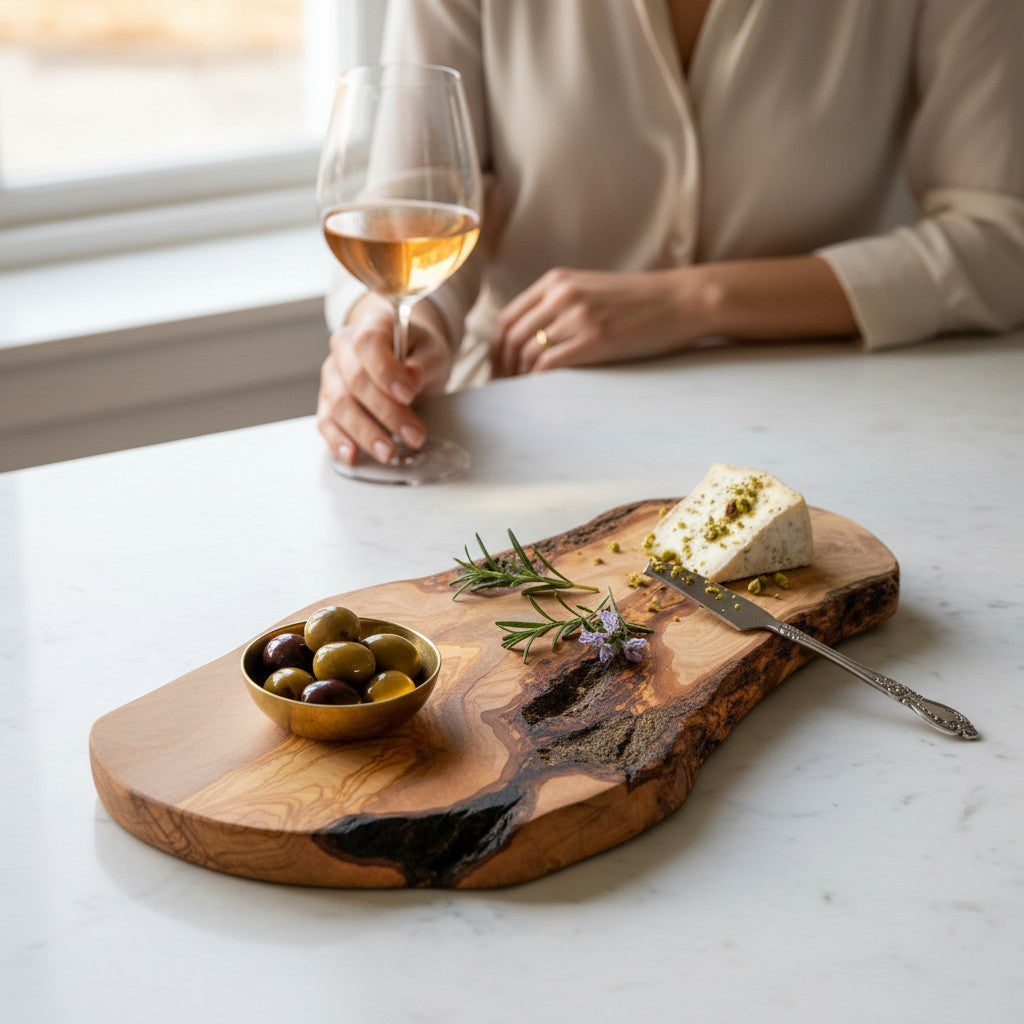 Large Handmade Olive Wood Freeform Serving Board | Extra Large Live Edge Charcuterie & Chopping Board | Unique Grain | 35–60 cm