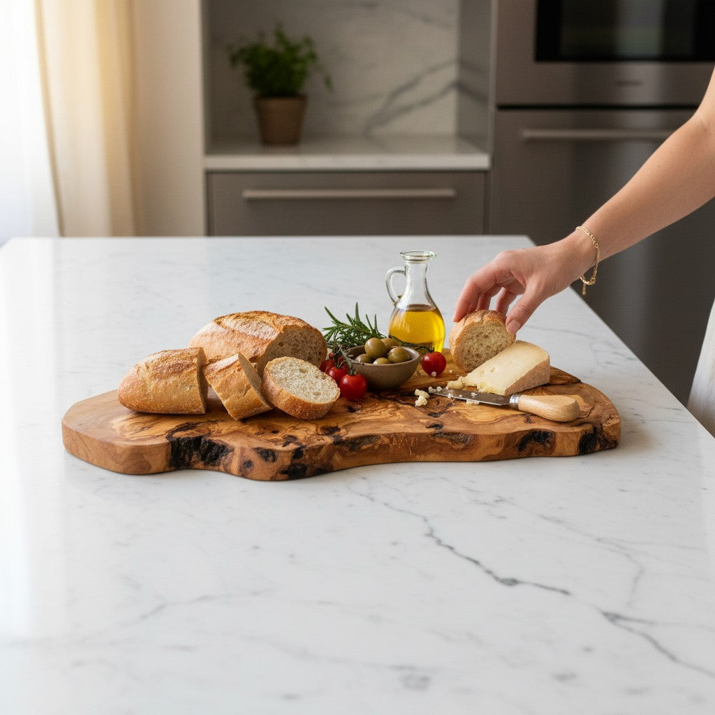 Large Handmade Olive Wood Freeform Serving Board | Extra Large Live Edge Charcuterie & Chopping Board | Unique Grain | 35–60 cm