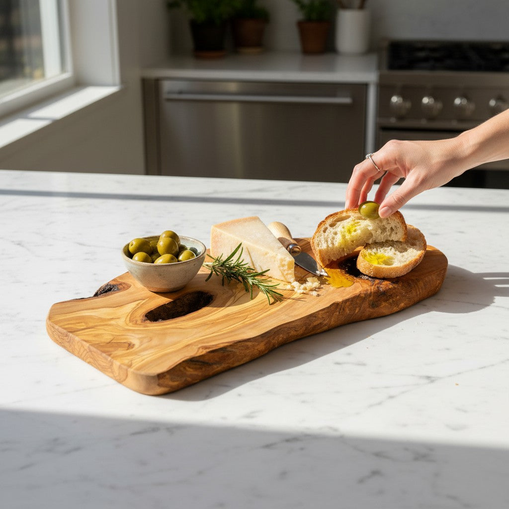 Large Handmade Olive Wood Freeform Serving Board | Extra Large Live Edge Charcuterie & Chopping Board | Unique Grain | 35–60 cm