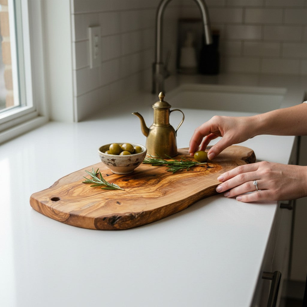 Large Handmade Olive Wood Freeform Serving Board | Extra Large Live Edge Charcuterie & Chopping Board | Unique Grain | 35–60 cm