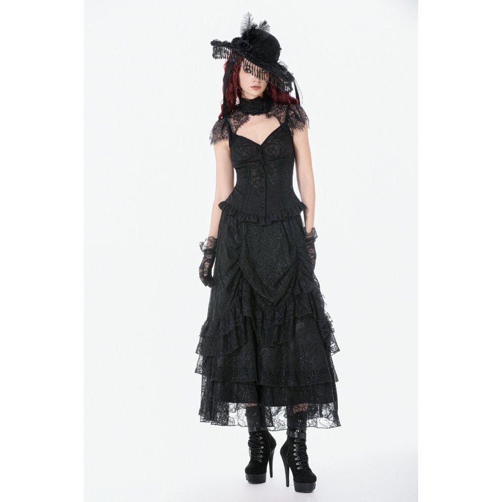 Dark in Love Vintage Gothic Lace Layered Maxi Skirt - Black Victorian