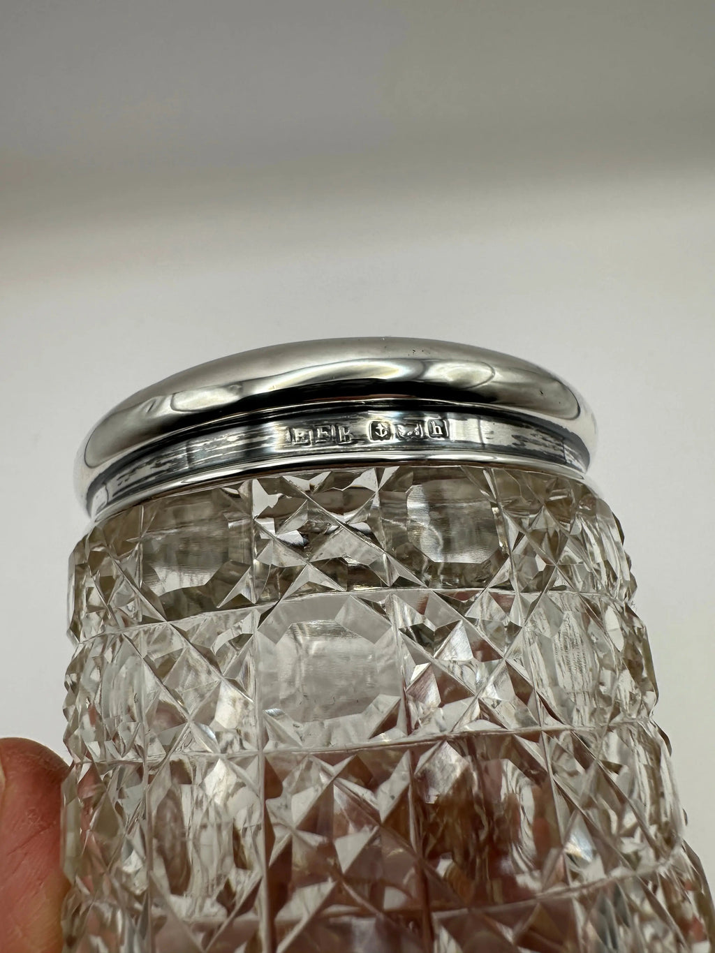 Antique Solid Sterling Silver Topped Cut Glass Pot  / Dressing Table Pot