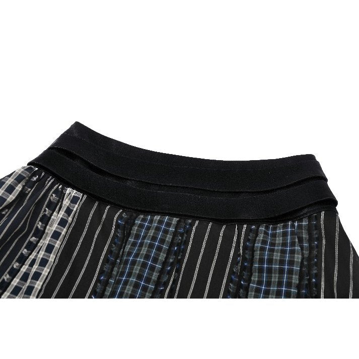 Dark in Love Sage Plaid Patchwork Pleated Mini Skirt with Leather Waist
