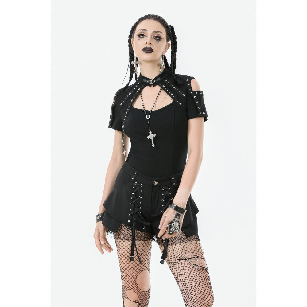 Dark in Love Seraphine Black Lace Off-Shoulder Goth Top with Cross