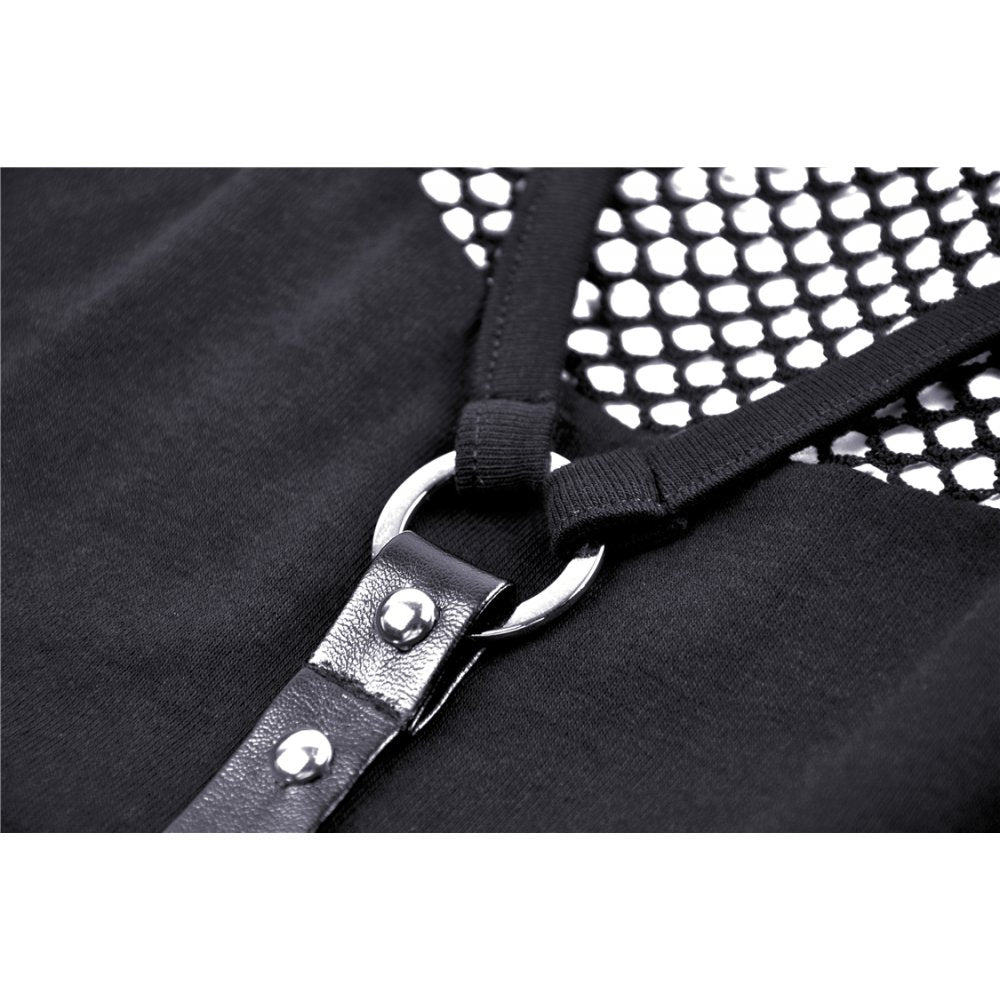 Dark in Love Enyo Goth Halter Top – Black Mesh & Faux Leather