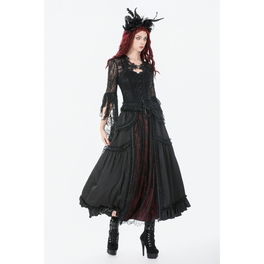 Dark in Love Gothic Victorian Crimson Lace Panel Maxi Skirt