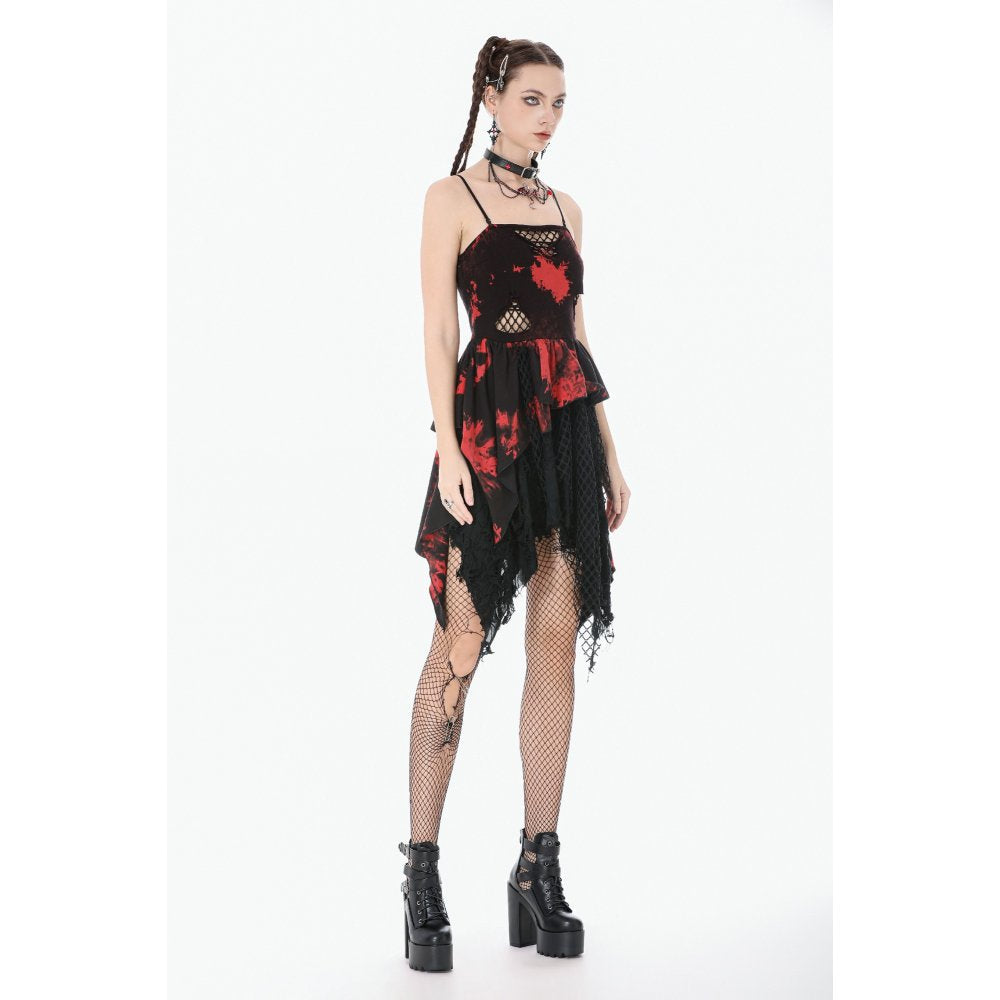 Dark in Love Red & Black Tie Dye Punk Dress | Asymmetric Mesh Goth Style